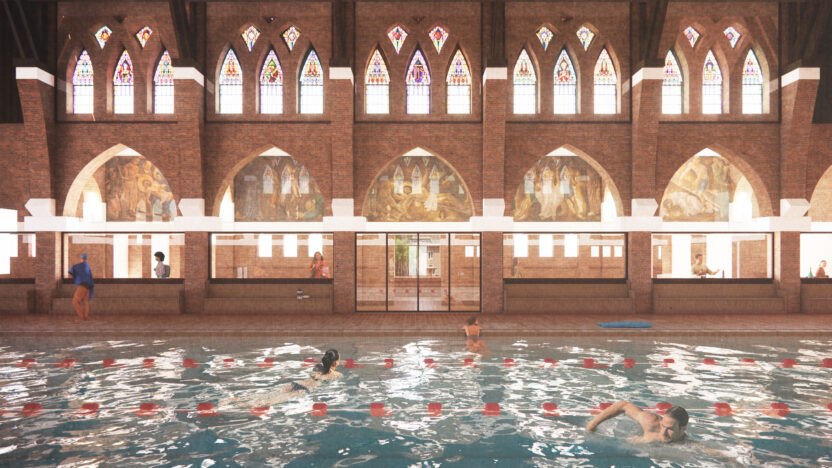 재활용으로 다시 태어난 해외 건축 공간들 3 MVRDV Heerlen Holy Water 4 Restaurant view from pool